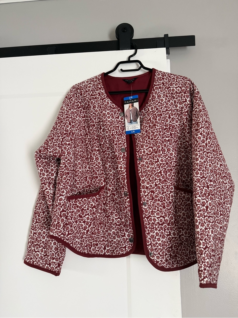 Tahari Burgundy and White Quilted Floral Open-Front Jacket